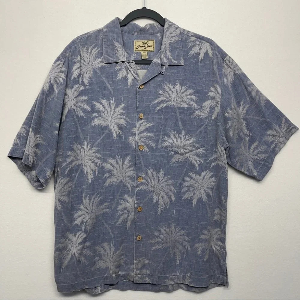 Jamaica Jaxx Hawaiian Button Down Shirt M 100% Silk Blue/Gray Palm Tree Print